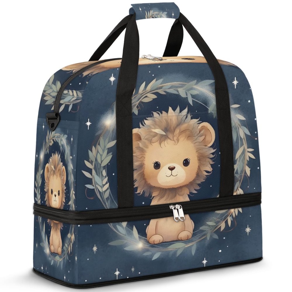 Cute Animal Lion Travel Duffel Bag with Foldable Shoe Compartment Shoulder Tote Travel Weekend Bag Sports Gym Overnight Bags