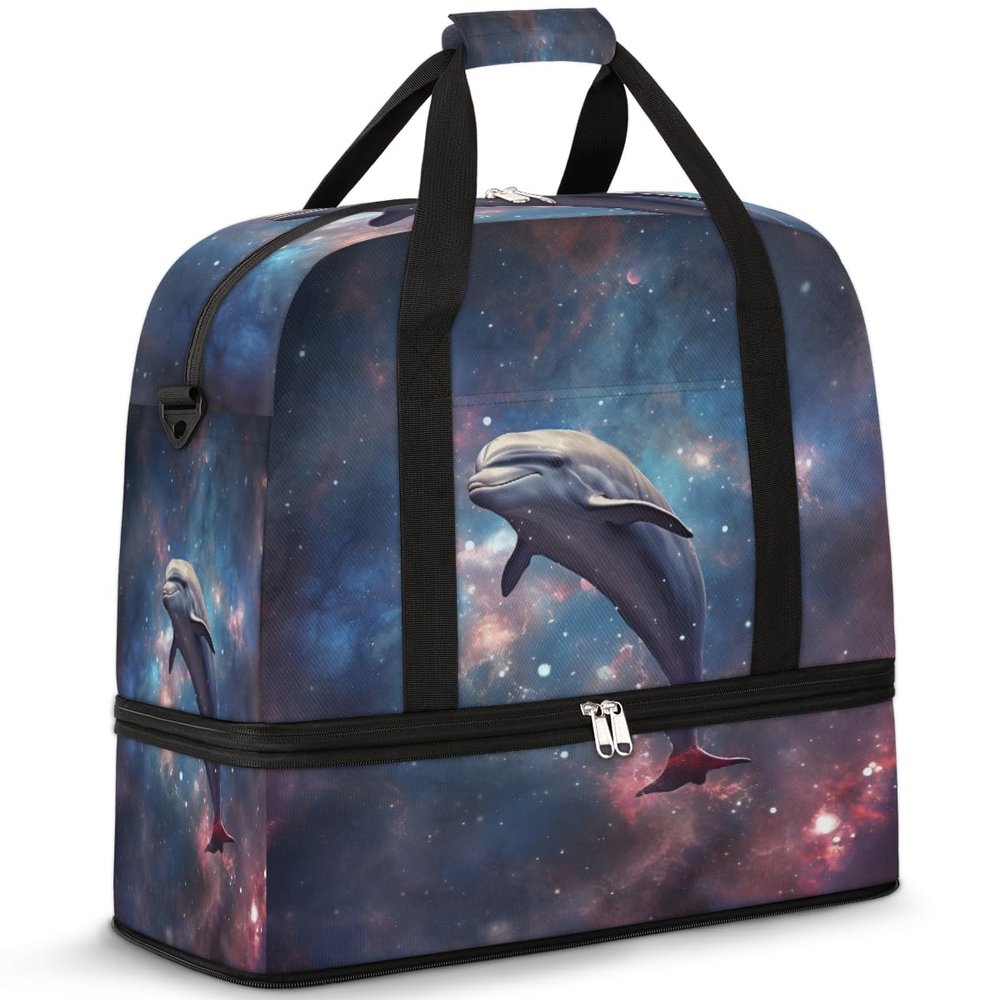 Animals Dolphin Galaxy Travel Duffel Bag with Foldable Shoe Compartment Shoulder Tote Travel Weekend Bag Sports Gym Overnight Bags