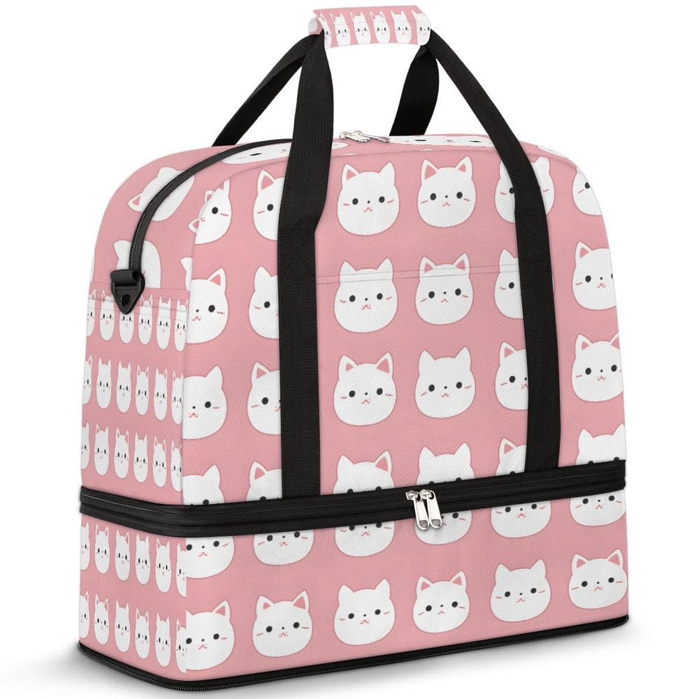 Cartoon Cute Cat Travel Duffel Bag with Foldable Shoe Compartment Shoulder Tote Travel Weekend Bag Sports Gym Overnight Bags