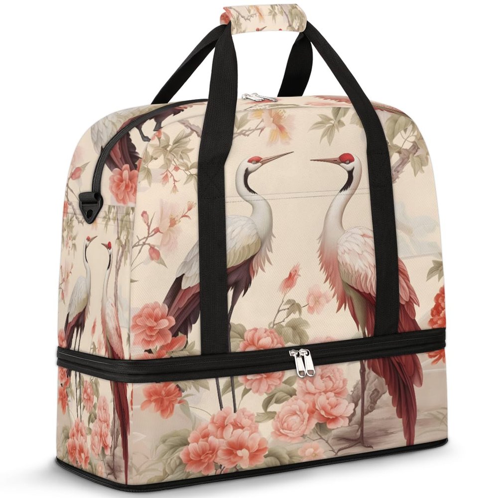 Flower Crane Print Travel Duffel Bag with Foldable Shoe Compartment Shoulder Tote Travel Weekend Bag Sports Gym Overnight Bags