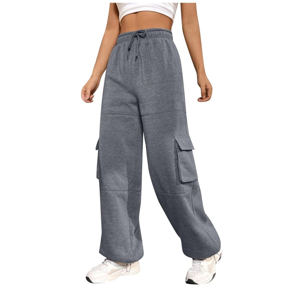 Womens Cargo Sweatpants Casual Baggy Fleece Fall Winter Sweatpants High Waisted Outdoor Joggers Pants with Pockets Dark Gray