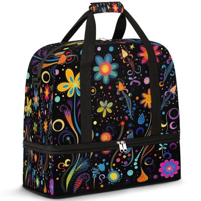 Cute Flower Colorful Floral Travel Duffel Bag with Foldable Shoe Compartment Shoulder Tote Travel Weekend Bag Sports Gym Overnight Bags