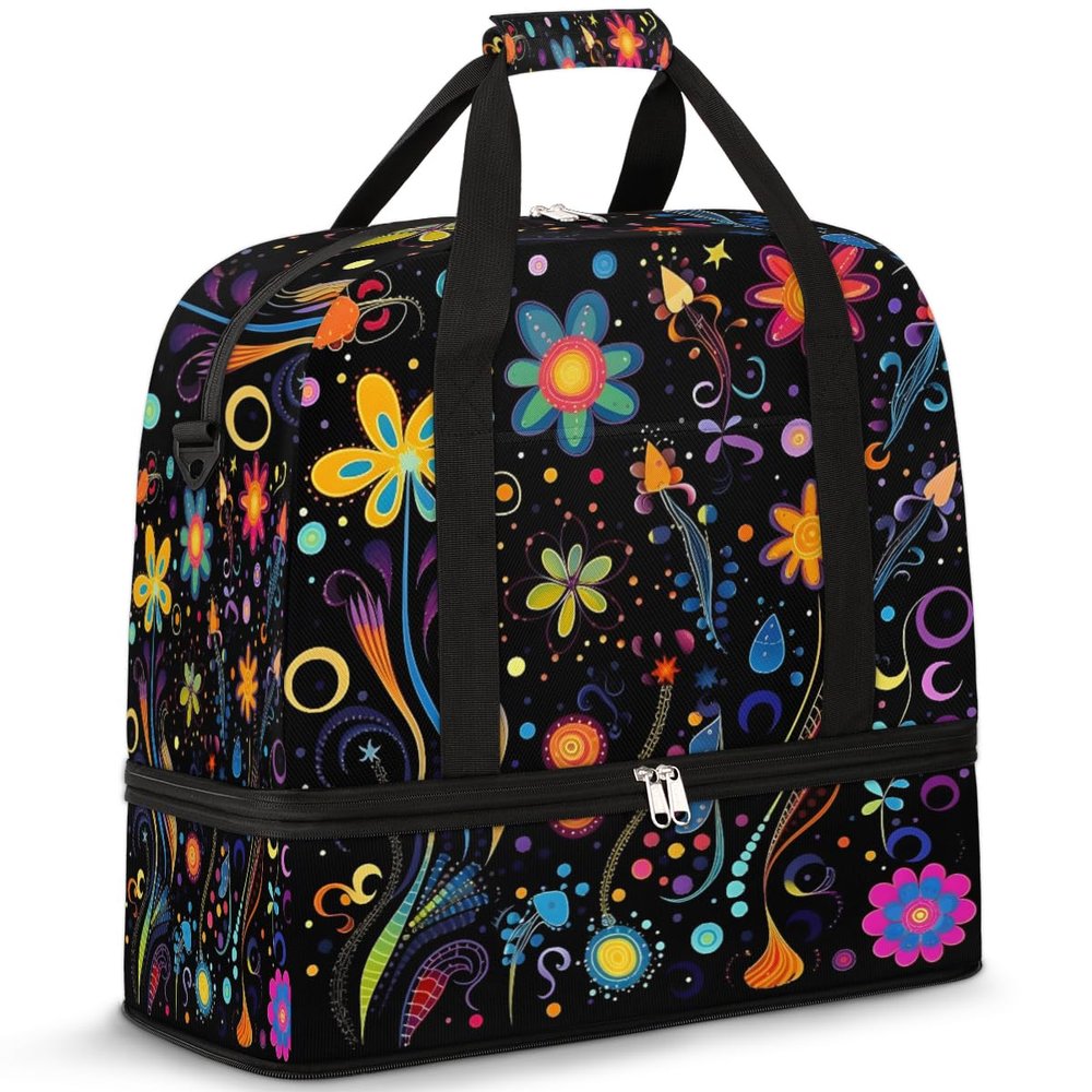 Cute Flower Colorful Floral Travel Duffel Bag with Foldable Shoe Compartment Shoulder Tote Travel Weekend Bag Sports Gym Overnight Bags