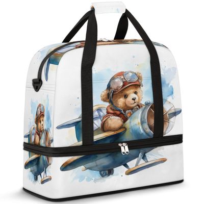 Cute Bear Pilots Travel Duffel Bag with Foldable Shoe Compartment Shoulder Tote Travel Weekend Bag Sports Gym Overnight Bags