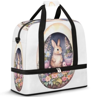 Easter Flower Eggs Rabbit Travel Duffel Bag with Foldable Shoe Compartment Shoulder Tote Travel Weekend Bag Sports Gym Overnight Bags