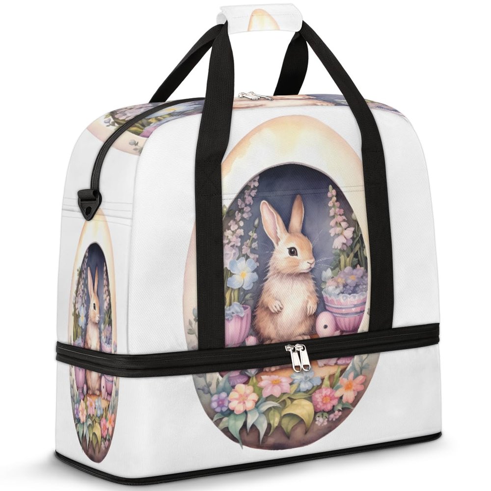 Easter Flower Eggs Rabbit Travel Duffel Bag with Foldable Shoe Compartment Shoulder Tote Travel Weekend Bag Sports Gym Overnight Bags
