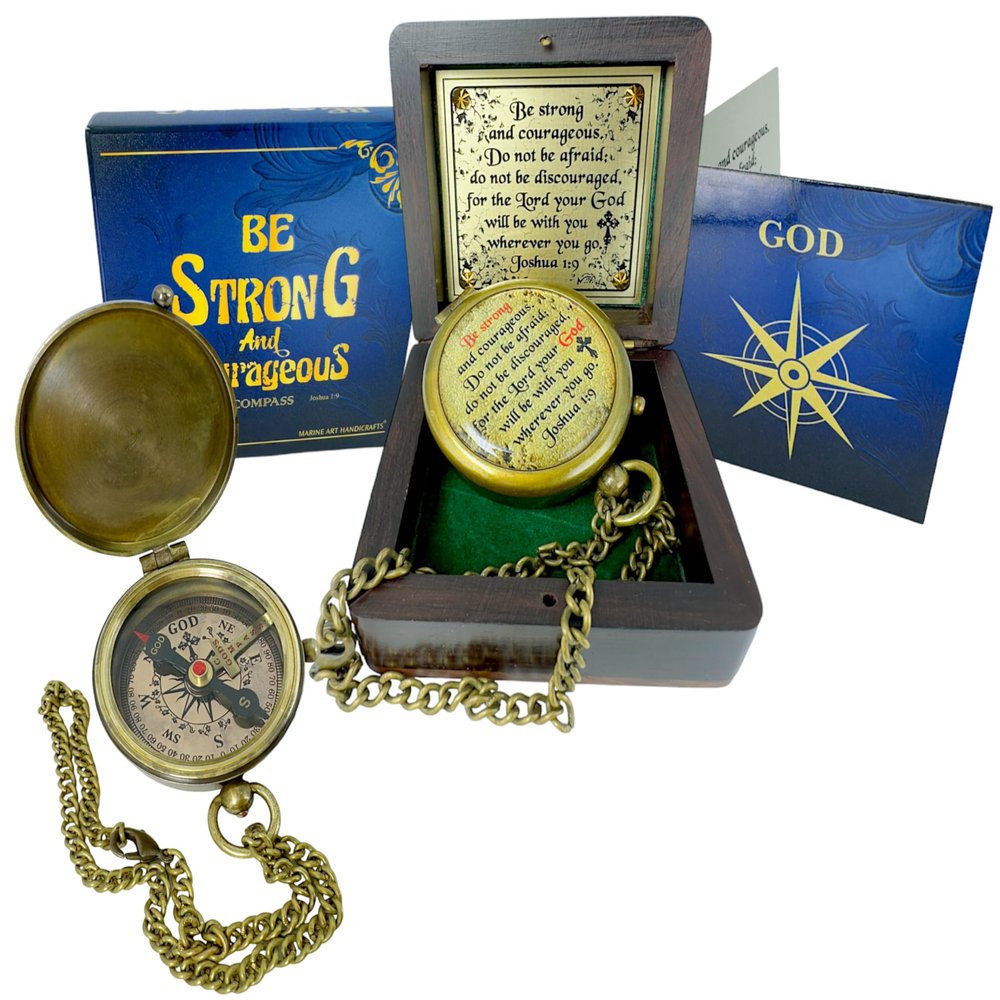 Bible Verse Brass Compass Be Strong and Courageous (Joshua 1:9) | Christian Gift for Graduation, Baptism, Confirmation Religious Keepsake for Boys, Girls, Teens, Men, Pastors & Church Events