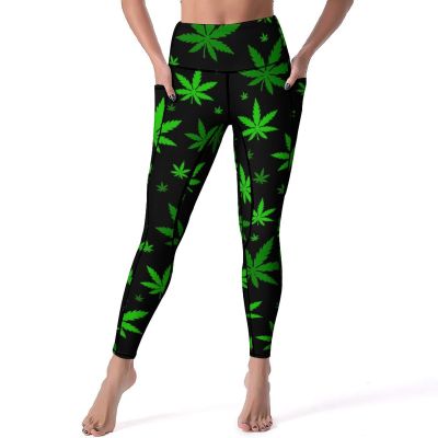 Green Weed Leafs Women's Yoga Pants High Waisted Leggings Casual Workout Pants with Pockets M
