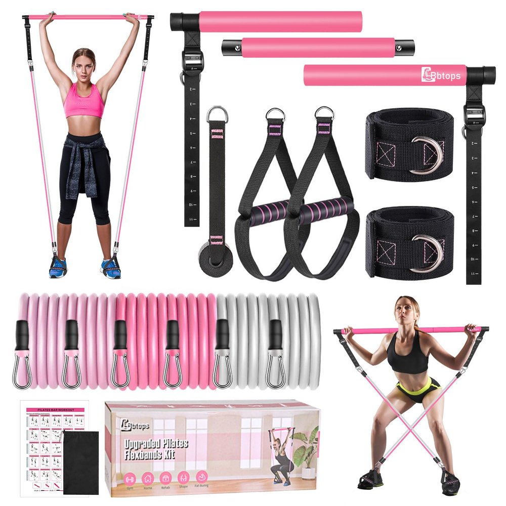 Bbtops Pilates Bar Kit with Resistance Bands,Pilates Flexbands Kit Exercise Fitness Equipment for Women & Men Home Gym Yoga,Multifunctional Pilates Bar Full Body Workout Equipment Pink