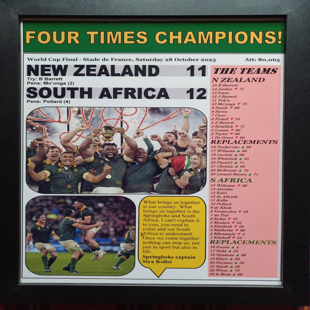 Assorted New Zealand 11 South Africa 12-2023 Rugby World Cup final - framed print