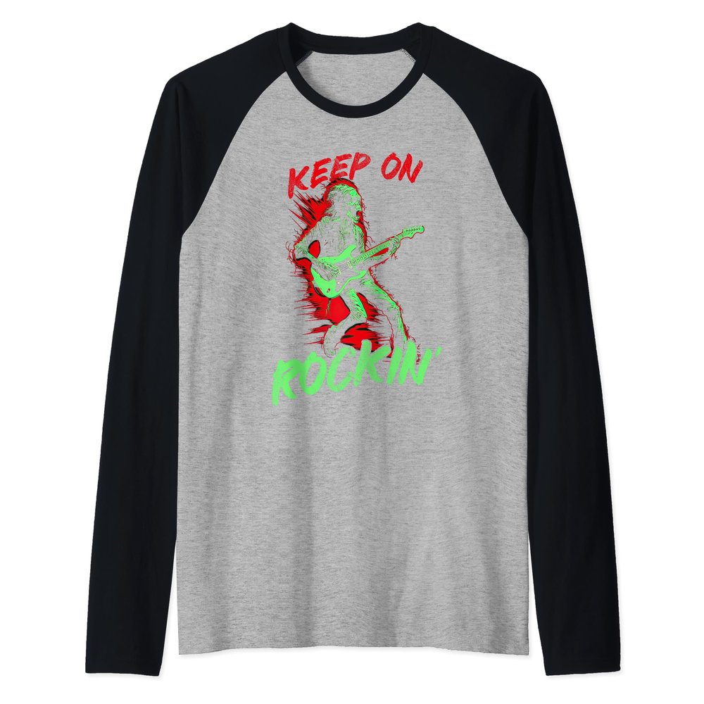Vintage Ghost Skeleton Guitar Keep on Rockin Rocker Gothic Raglan Baseball Tee