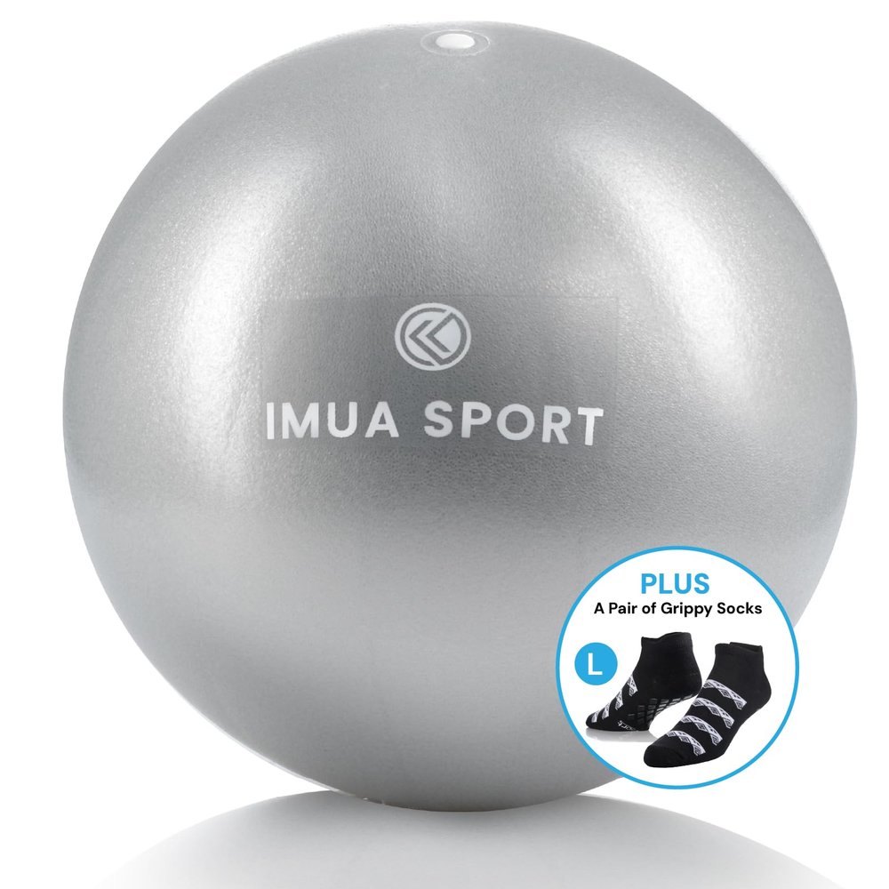 Imua Sport Barre Ball with Grippy Socks (L) - 9-inch Small Exercise Ball for Barre, Yoga, Pilates and More with a Pair of Grippy Socks (Large) - Workout Guide Included