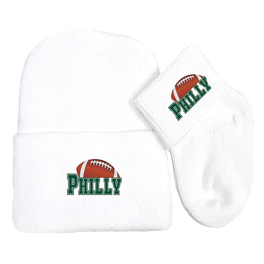 Future Tailgater Newborn Baby Knit Cap and Socks Set for Philadelphia Football Fans White