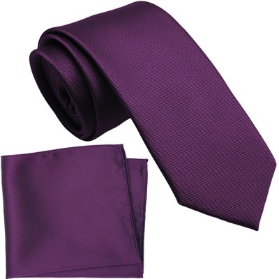 ZENXUS Boy's Solid Eggplant Purple Tie with Pocket Square Set, Small Necktie for Boys and Teens, Self-Tied