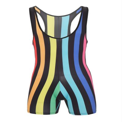 ACSUSS Mens Striped Wrestling Singlet Boxer Bodysuit Weight Lifting Stretchy Leotard Shapewear Rainbow XX-Large