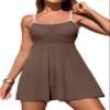 Aleumdr Athletic One Piece Swimsuits Tummy Control Tankini Bathing Suits for Women Ribbed Swimsuits Skirt Swimwear with Pocket Coffee X-Large view 1