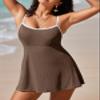 Aleumdr Athletic One Piece Swimsuits Tummy Control Tankini Bathing Suits for Women Ribbed Swimsuits Skirt Swimwear with Pocket Coffee X-Large view 3