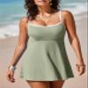 Aleumdr Women's Fashion Ribbed One Piece Swimsuits Modest Swim Dress Tummy Control Bathing Suit with Pockets Grass Green Large view 3