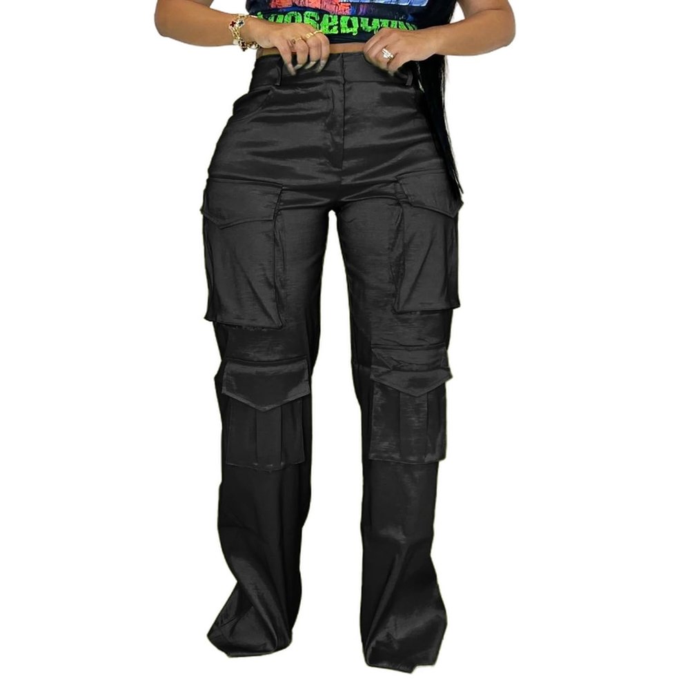 Angsuttc Black Cargo Pants Women High Rise Trousers Combat Pants with Pockets L