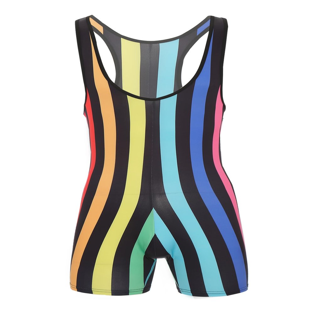 ACSUSS Mens Striped Wrestling Singlet Boxer Bodysuit Weight Lifting Stretchy Leotard Shapewear Rainbow Large