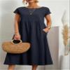 Akivide Women's Summer Cotton Linen Short Sleeve Dress Crew Neck Loose Casual Tunic Beach Dresses with Pockets view 2