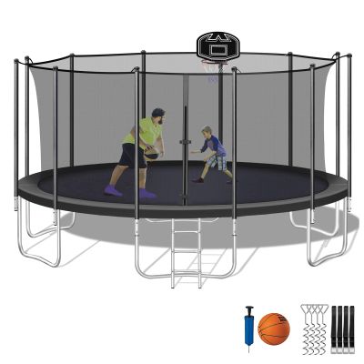 SKYUP Tranpoline for Kids and Adults, 8 10 12 15 16 FT 1500LBS Tranpoline with Net - with Basketball Hoop, 4PCS Wind Stakes, Ladder and Pad, ASTM CPC CPSIA Approved Recreational Outdoor Tranpolines