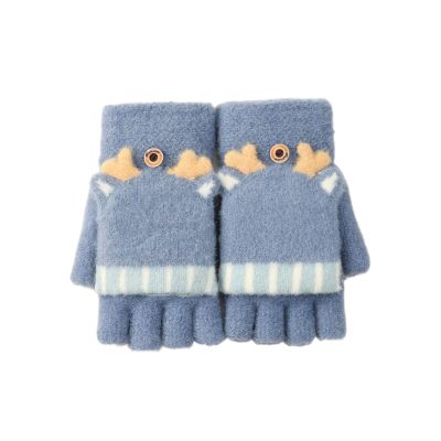 Female Winter Warm Gloves Cute Cartoon Christmas Elk Knitted Half Finger Flap Gloves Student Writing Touch Screen Gloves (Color : SeaBlue, Size : Talla nica)