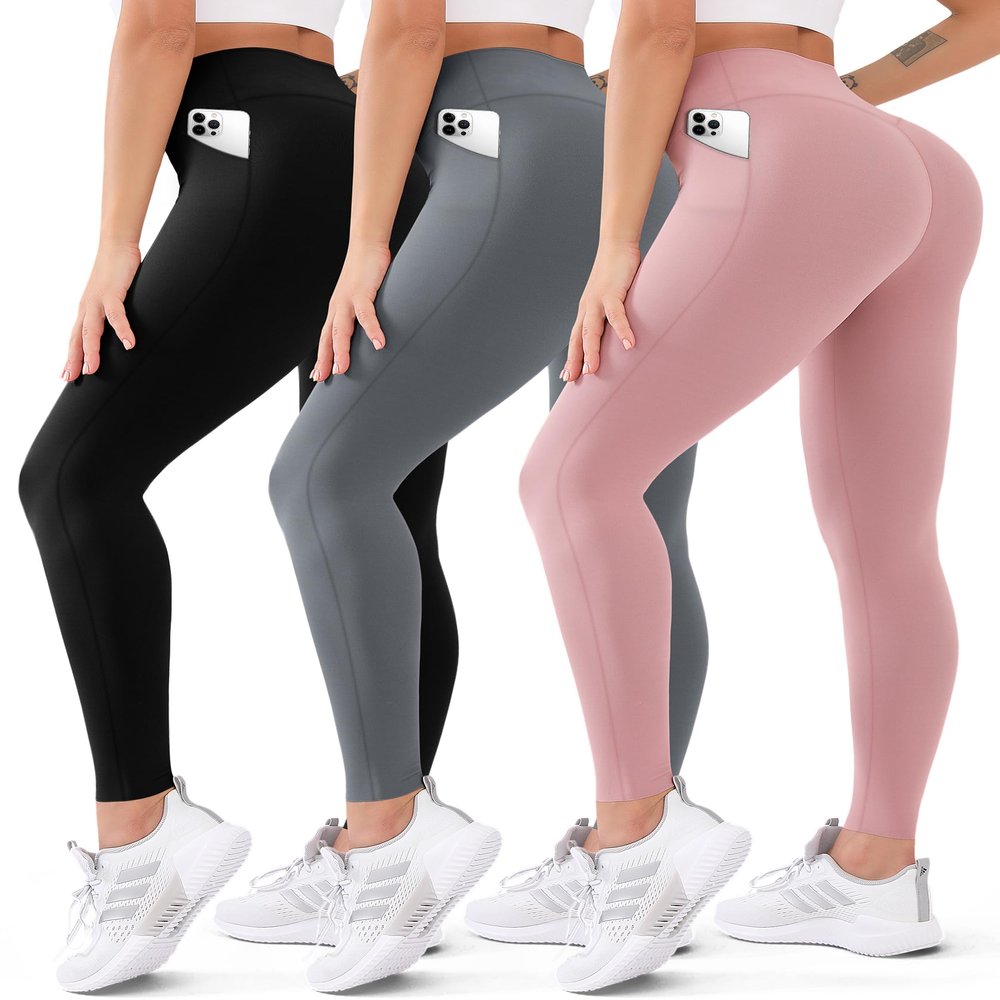 3-Pack High Waisted Leggings with Pockets for Women - Tummy Control Yoga Pants, Buttery Soft Squat-Proof Workout Leggings (033 Black/Dark Grey/Rosy Brown,XXL)