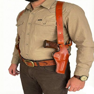 Leather Shoulder Holster Fits S&W Model 686 586 637 60 10 19, Premium Leather, Fast Draw, Handmade, Right Handed, Double Magazine - ShnLeather (Black, S&W Model 10 4" Barrel)