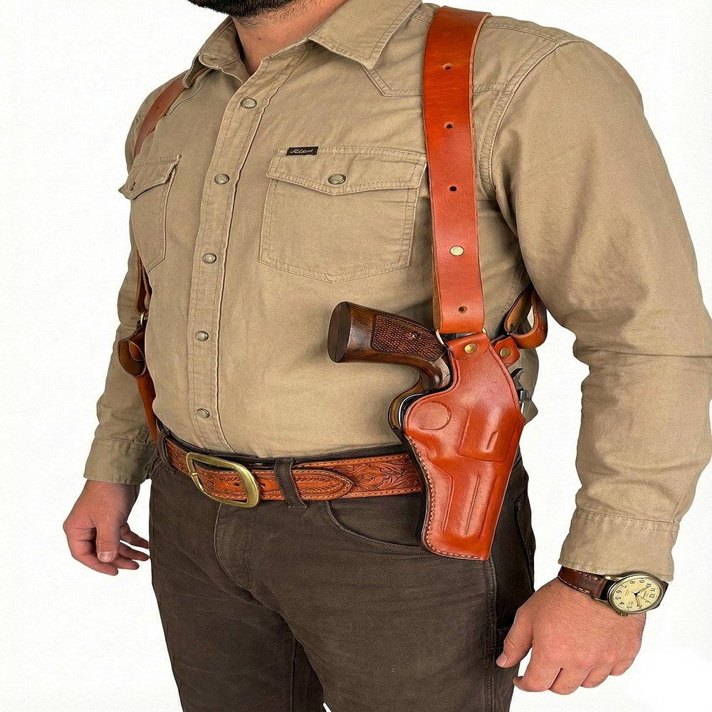 Leather Shoulder Holster Fits S&W Model 686 586 637 60 10 19, Premium Leather, Fast Draw, Handmade, Right Handed, Double Magazine - ShnLeather (Black, S&W Model 10 4" Barrel)