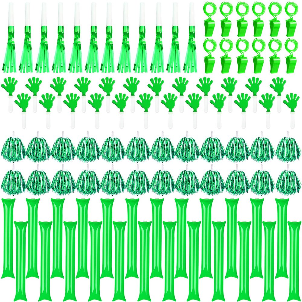 Yunsailing 96 Pcs Homecoming Noisemakers Team Spirit Accessories for Game Day Include Hand Clappers Cheerleading Pom Pom Thunder Stick Cheer Party Blower Plastic Whistle for Sport Fans(White Green)