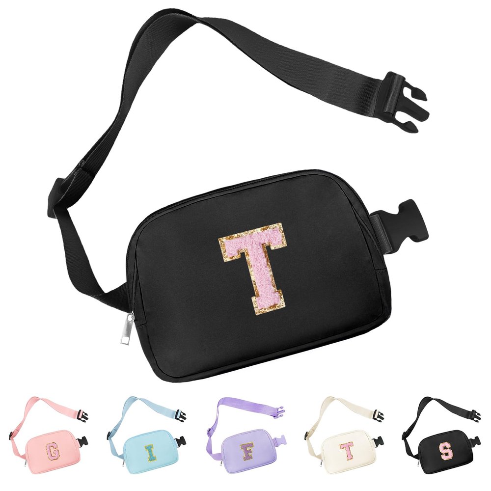 Aganmi Chenille Letter Crossbody Bags for Women Trendy, Waterproof Fanny Packs for Women Cross Body, Initial Letter Belt Bag with Multiple Inner Pockets and Adjustable Strap(Black T)
