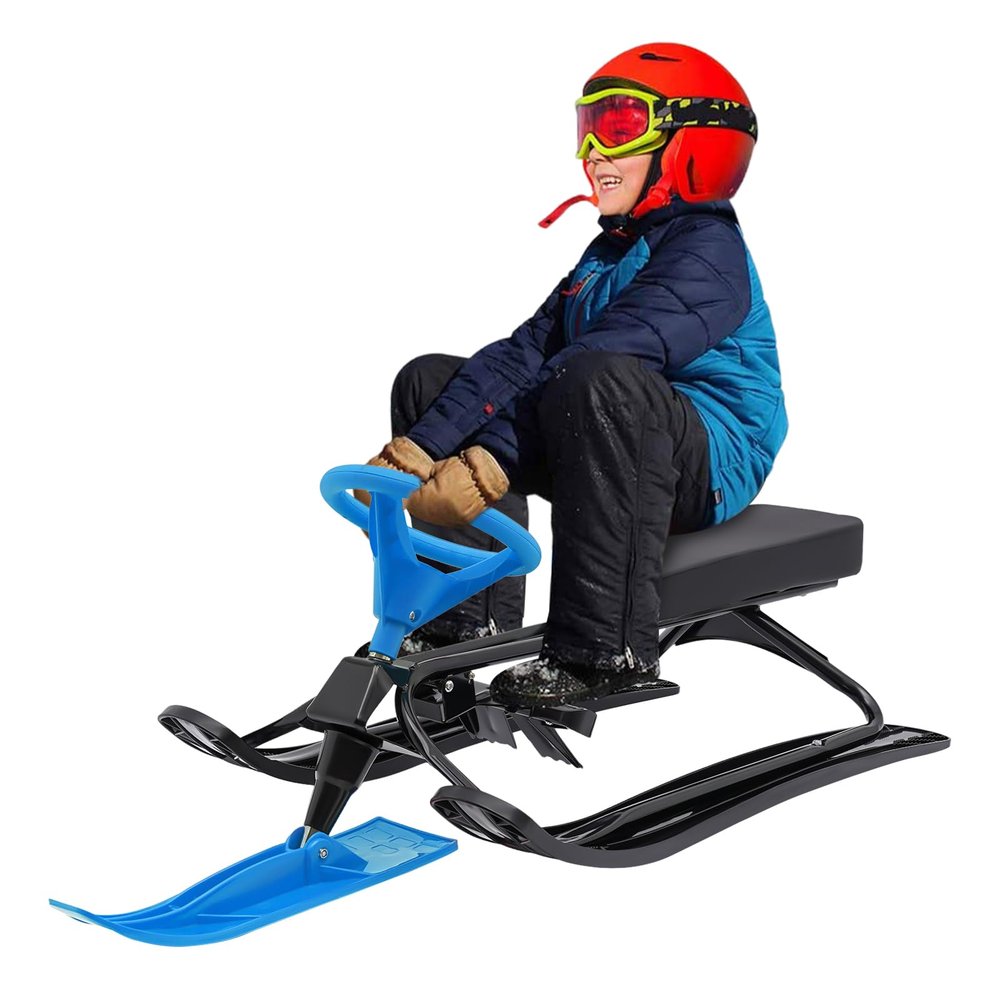 HinLIaDa Snow Racer Sled, Winter Ski Sled for Kids, Snow Sled with Steering Wheel & Twin Brakes, Great Weight Capacity of 220 LBS, Classic Downhill Steerable Sled for Kids Teenagers Adult (Blue)