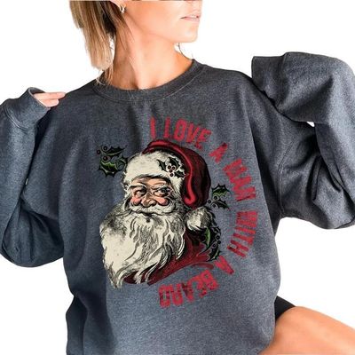 I Love A Man With A Beard Santa Christmas Sweatshirt, Funny Santa Beard Shirt, Cute Christmas For Women, Santa Xmas (Large, Dark Grey)
