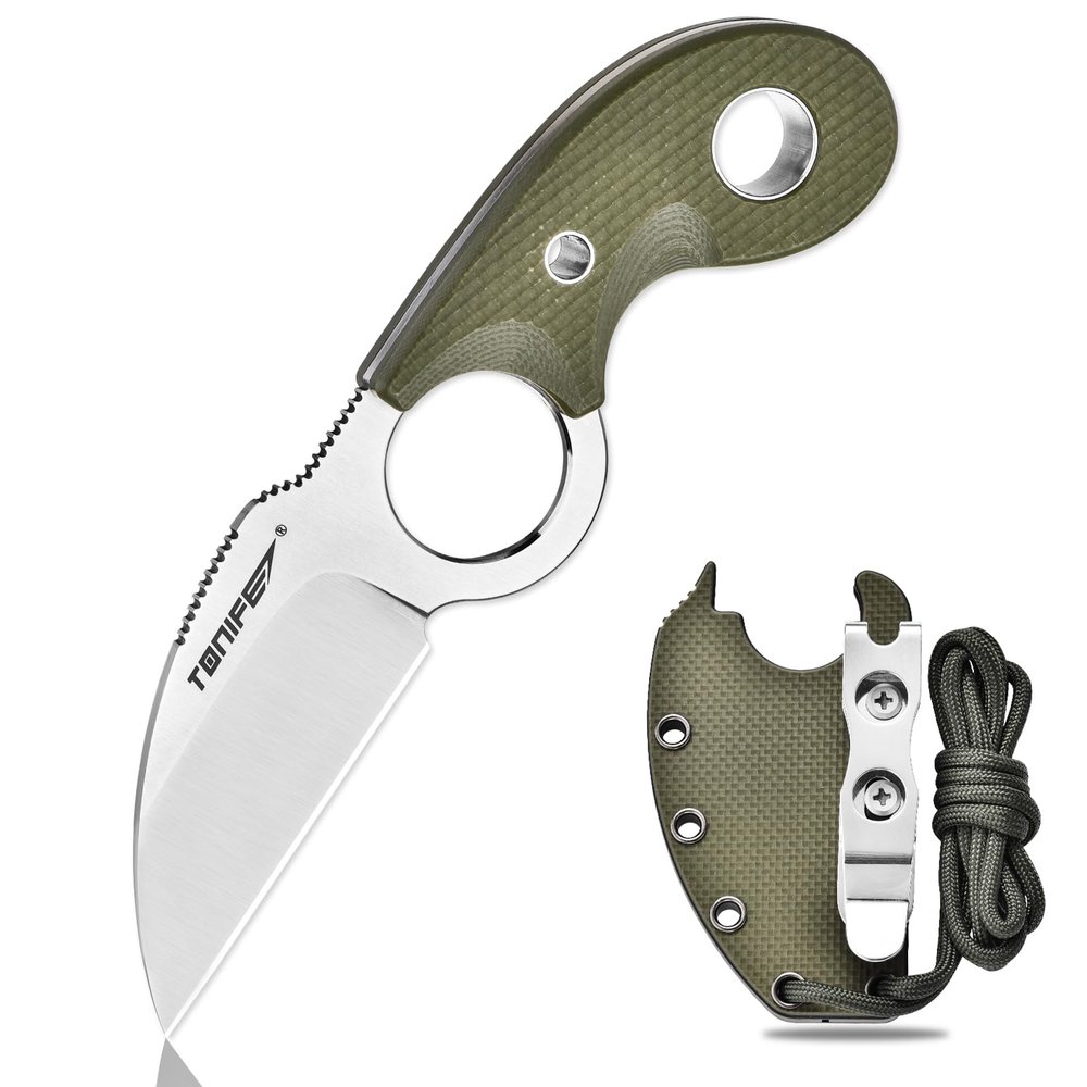 TONIFE Fixed Blade Knife, Neck Knife, with Sheath Lanyard and Clip, Full-Handle Blade Length 2.17 inches, 2.5 ounces with Sheath(Green - Satin)