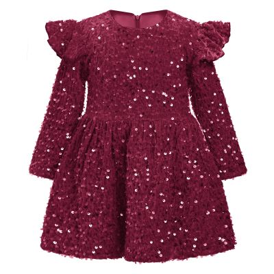 Toddler Girls Sequins Dress Long Sleeve Ruffle Velvet Christmas Dresses For Baby Girls Wine Red Flower Girl Tutu Sparkly Dress Fall Winter Fancy Party Birthday Holiday Dress Burgundy A 3-4 Years