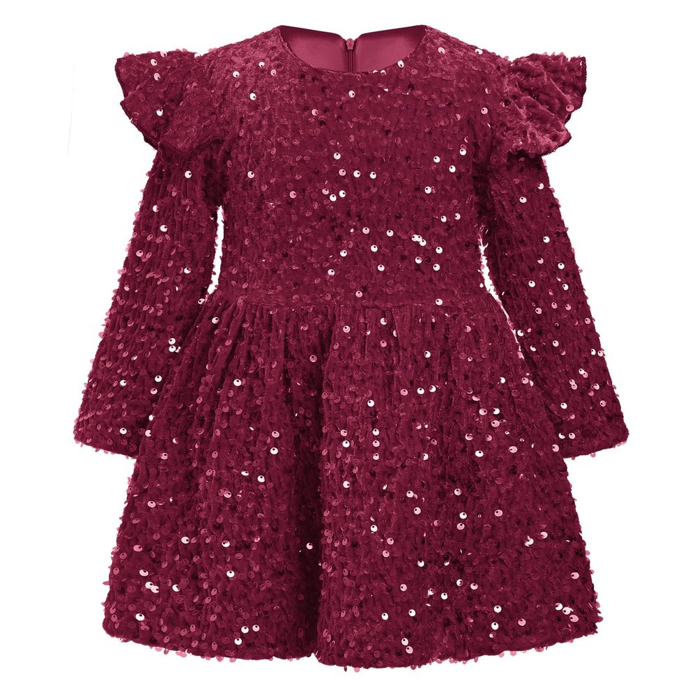 Toddler Girls Sequins Dress Long Sleeve Ruffle Velvet Christmas Dresses For Baby Girls Wine Red Flower Girl Tutu Sparkly Dress Fall Winter Fancy Party Birthday Holiday Dress Burgundy A 3-4 Years