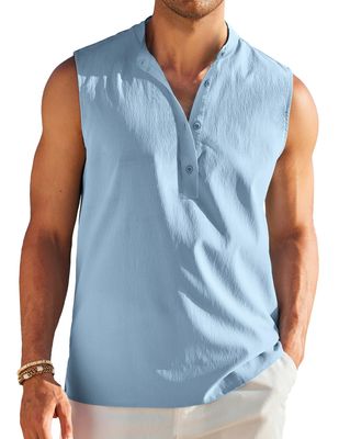 COOFANDY Men's Linen V Neck Tank Top Sleeveless Beach Summer Casual Shirt Tops Henley Textured Shirts Light Blue