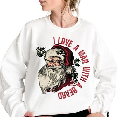 I Love A Man With A Beard Santa Christmas Sweatshirt, Funny Santa Beard Shirt, Cute Christmas For Women, Santa Xmas (Large, White)