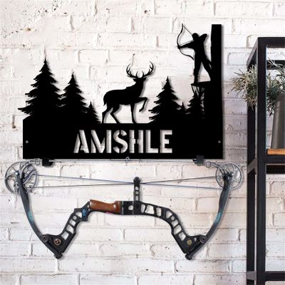 Personalized Metal Deer Skull Bow Rack Custom Name Deer Head Metal Wall Art Hunting Archery Gear Standing Display Bow Rack Hunting Gift for Hunter Dad Grandpa,Deer Bow Holder Rack