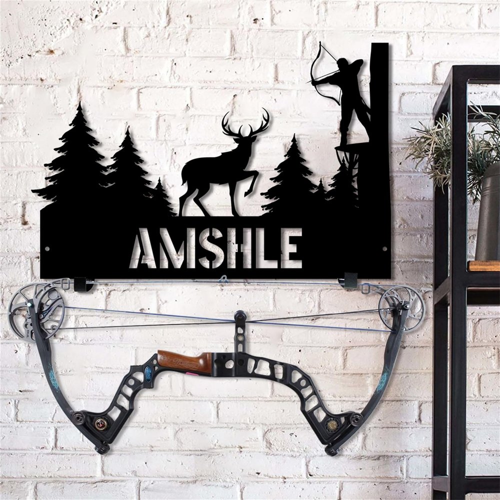 Personalized Metal Deer Skull Bow Rack Custom Name Deer Head Metal Wall Art Hunting Archery Gear Standing Display Bow Rack Hunting Gift for Hunter Dad Grandpa,Deer Bow Holder Rack