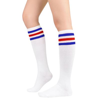 Century Star Knee High Striped Socks for Women - Long Thin Tube Sports Thigh High Socks Tall Stockings 1 Pack White Blue Red