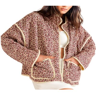 VAOYIU Women's Floral Puffer Jacket Cropped Vintage Printed Cardigan Lightweight Open Front Padded Quilted Coats(P-Red-M)