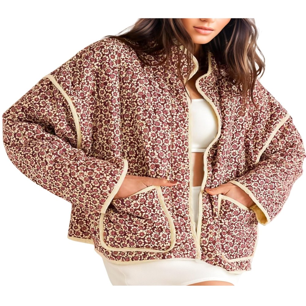 VAOYIU Women's Floral Puffer Jacket Cropped Vintage Printed Cardigan Lightweight Open Front Padded Quilted Coats(P-Red-M)
