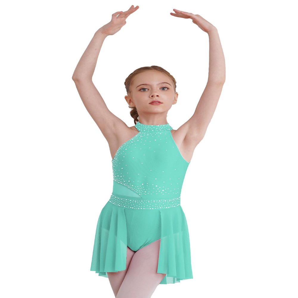 JEATHA Kids Girls Rhinestone Sleeveless Mock Neck Roller Skating Dress Gymnastic Leotard Ballet Dance Costume Mint Green B 16