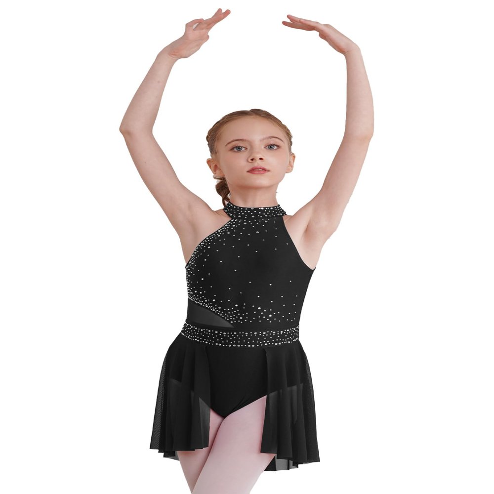 JEATHA Kids Girls Rhinestone Sleeveless Mock Neck Roller Skating Dress Gymnastic Leotard Ballet Dance Costume Black B 14