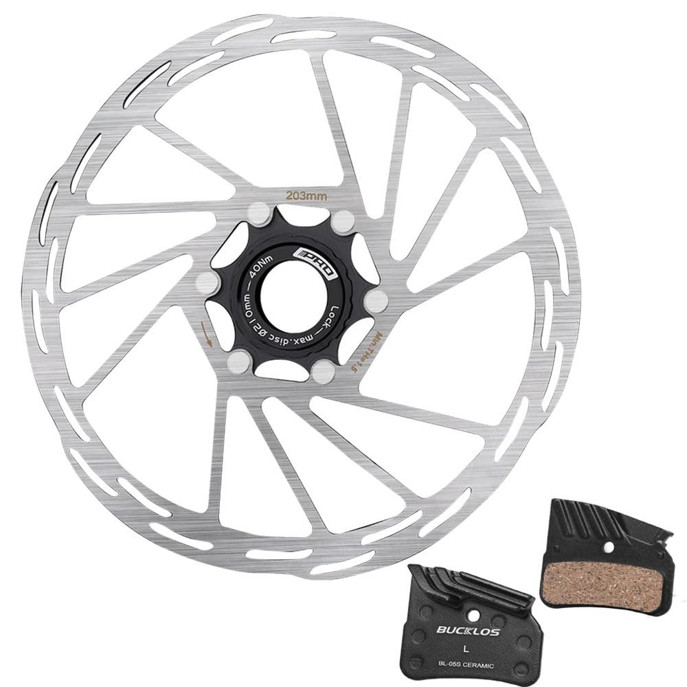 BUCKLOS IIIPRO MTB 203mm Centerlock Disc Brake Rotor and BL-05S 1 Pair Disc Brake Pads for Ceramic Shimano N03A N04C D02S D03S M9120 M8120 M7120