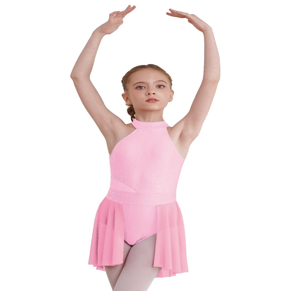 JEATHA Kids Girls Rhinestone Sleeveless Mock Neck Roller Skating Dress Gymnastic Leotard Ballet Dance Costume Pink B 14