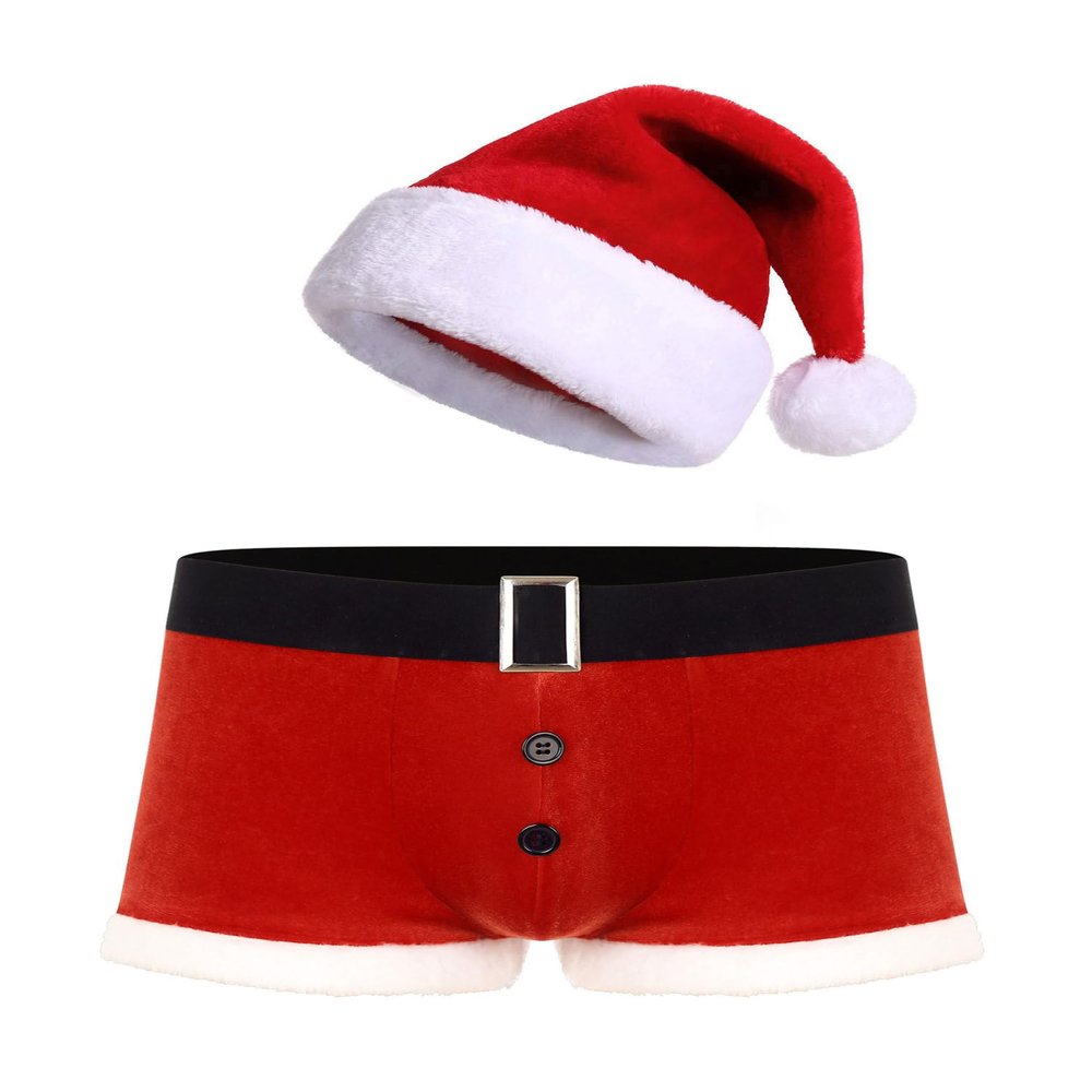 TiaoBug Men's Christmas Lingerie Set 2PCS Red Boxers Holiday Briefs Underwear With Hat Santa Outfits Red 3X-Large