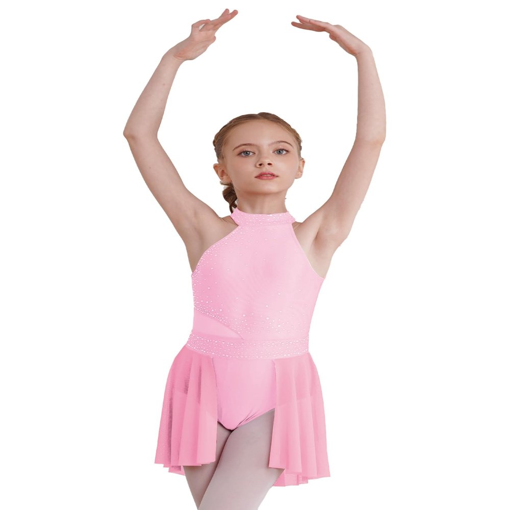 Agoky Kids Girls Ballet Leotard Dress High Low Skirt Lyrical Dance Costume Modern Ballerina Outfit Pink 8 Years